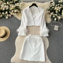 LE1818 Hepburn Style Ladies' Suit Set 2025 Autumn Feather Design Suit Jacket + Skirt Socialite Office Date Two-Piece Set