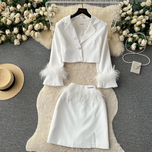 LE1818 Hepburn Style Ladies' Suit Set 2025 Autumn Feather Design Suit Jacket + Skirt Socialite Office Date Two-Piece Set