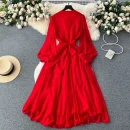 LE2605 Autumn Vintage Pleated V-Neck Evening Gown Female High Quality Nail Drill Flowing Hemline Socialite Long Evening Dresses