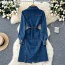 LE2669 French Retro Design Office Woman Denim Dresses Embroidery Lapel Waist Slimmer Single-Breasted Denim Midi Dress Women 2025