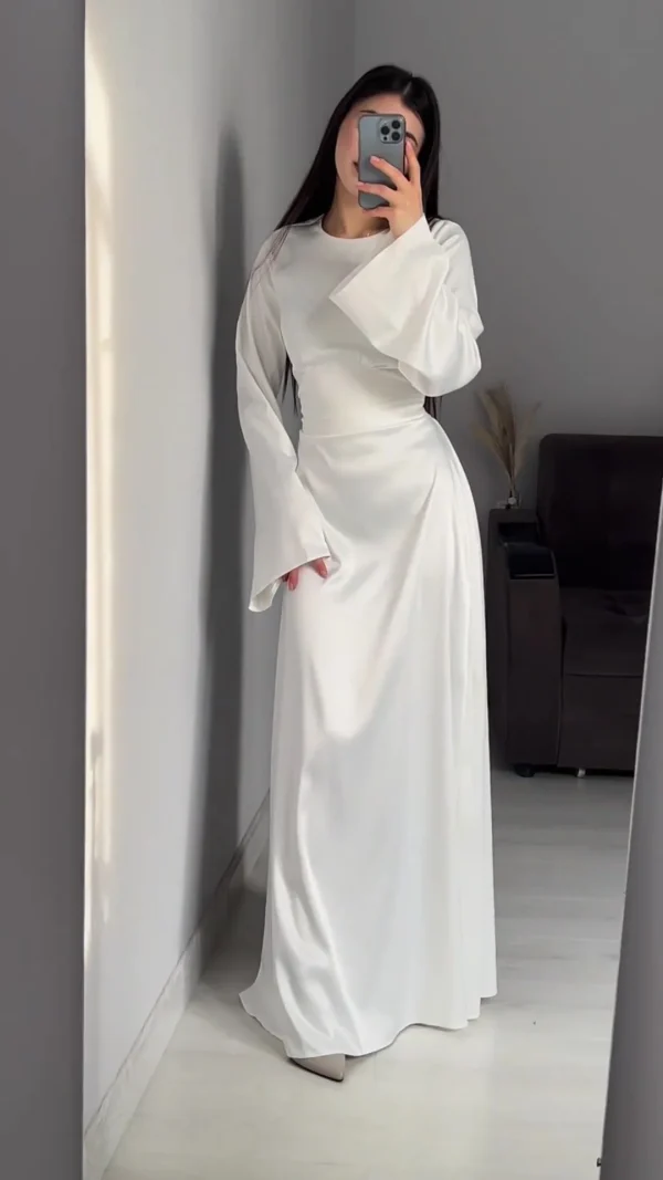 LE2589 Solid Color Satins Maxi Ladies Dress Autumn Lotus Long Sleeves Lace-Up Socialite Party Evening Gown Ladies Evening Dress - Image 4