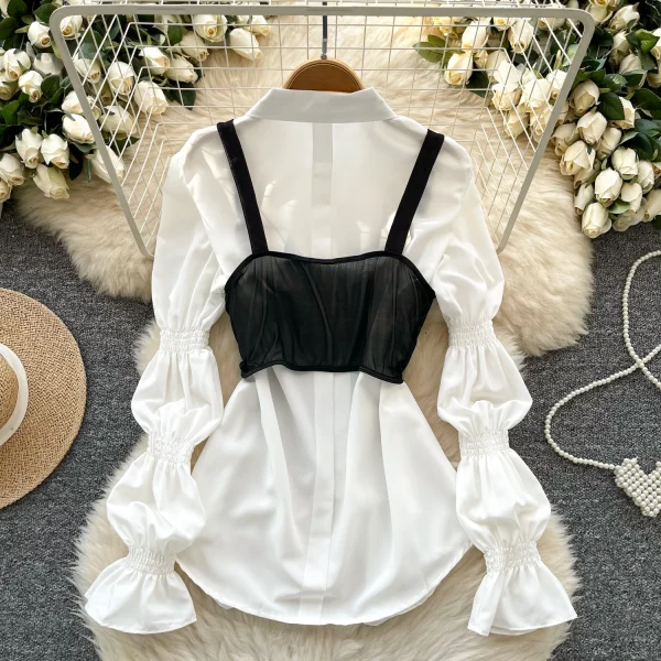 LW0751 Blouses Elegant Women Puffed Sleeve Shirt Pure Desire Satin Patchwork Halter Fishbone Vest Two-Piece Set - Image 3