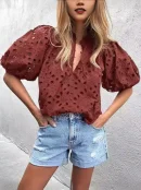 2025 Cross-border Women's Summer Blouse Fashion Casual Lantern Sleeves V-neck Button Openwork Lace Embroidery Shirt