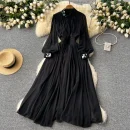 LE2579 Women Boutique Pleated Elegant Party Dresses Female Diamond-Embedded Lantern Long Sleeve Chiffon Evening Gown Women Dress