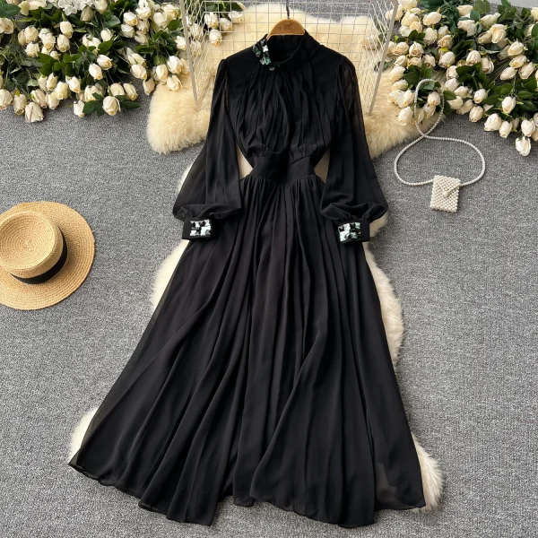 LE2579 Women Boutique Pleated Elegant Party Dresses Female Diamond-Embedded Lantern Long Sleeve Chiffon Evening Gown Women Dress - Image 5
