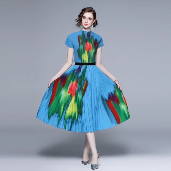 Fast Delivery Boutique Two Piece Sets Printed Short Sleeve Top Printed Long Pleated Skirt Miyake Pleated Casual Style Sets - Image 3