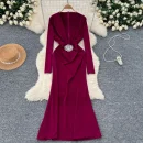 LE4769 Sexy Deep V-Neck Long Sleeve Dress Women'S Dinner Dress Heavy Heavy Diamond Flower Waist Slimming Skirt