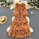 LE4771 Light Wind Women'S Dress Autumn Advanced Sense Flower Fold Waist Lantern Sleeve Floral Chiffon Skirt Long Dress
