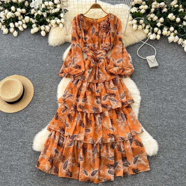 LE4771 Light Wind Women'S Dress Autumn Advanced Sense Flower Fold Waist Lantern Sleeve Floral Chiffon Skirt Long Dress - Image 2