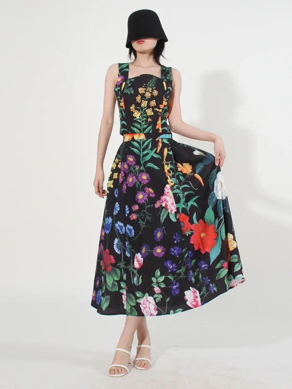Hit Color Two Piece Sets Colorful Flower Print Beading Crystal Black Square Collar Sleeveless Tops High Waist a Line Skirt Suit - Image 2