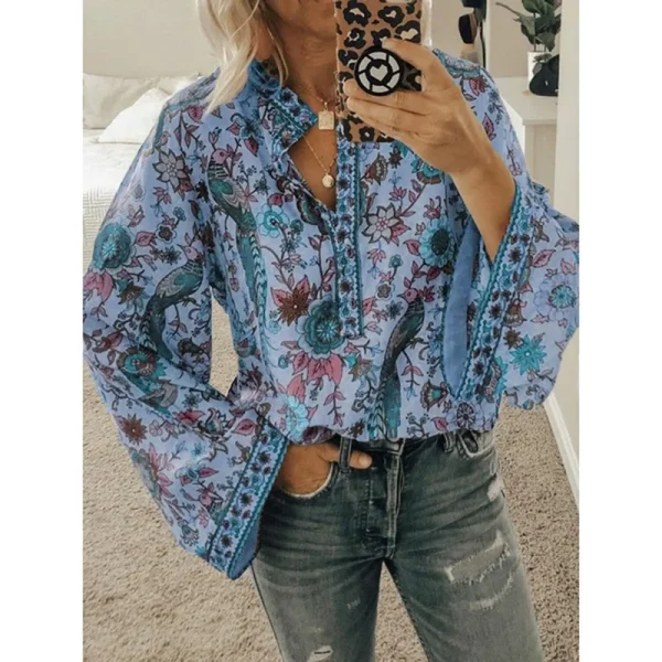 Women's Chiffon Floral Printing Blouses Elegant Shirts Women Tops - Image 3