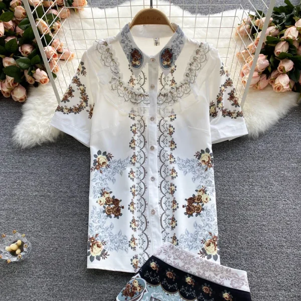 LE4090 Women'S Short-Sleeved Shirt Women'S Design Sense Small Print High-Waisted Skirt Two-Piece Set of Fashion - Image 4