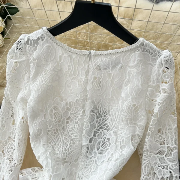 LE4774 White Dinner Party Dress for Women Heavy Industry Cutout Hook Lace Patchwork Receiving Waist Mesh Dress for Women - Image 4