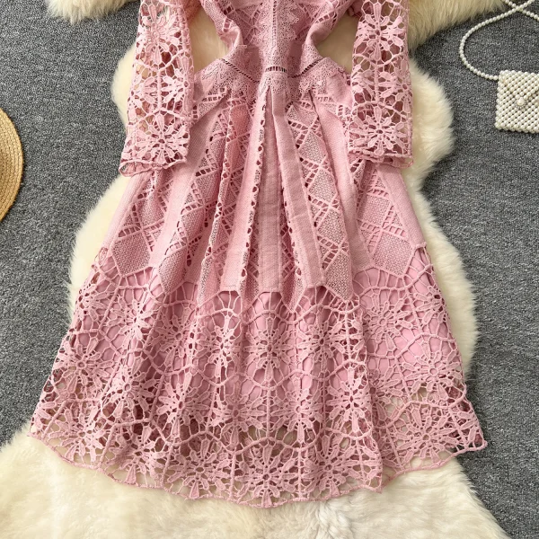 LE4770 High-End Women'S Dress 2025 Autumn Fashion Heavy Industry Hollow Hook Lace Waist Slimming Big French Skirt - Image 5