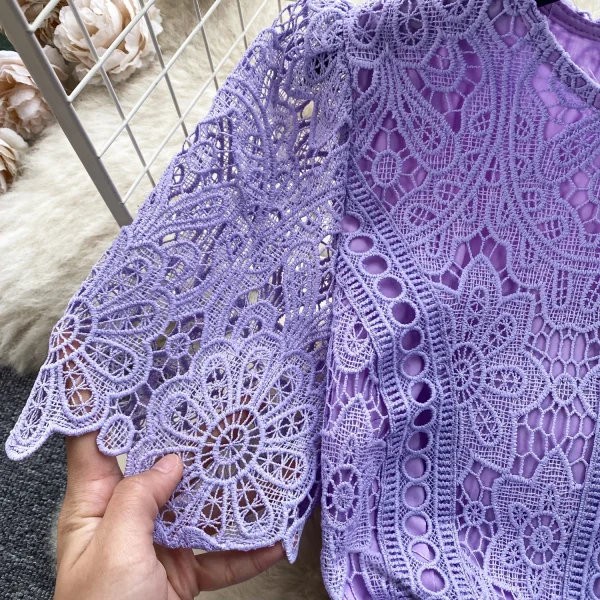LE2729 2025 Niche Vintage Women'S Dress O-Neck Lace Dress With Short Sleeves Female Summer Slim Temperament Elegant Long Dress - Image 6