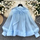 LW0707 Vintage Puffy Sleeve Shirt Women'S Autumn Butterfly Bow Tie Mesh Design Top Blouses Elegant Women Ladies