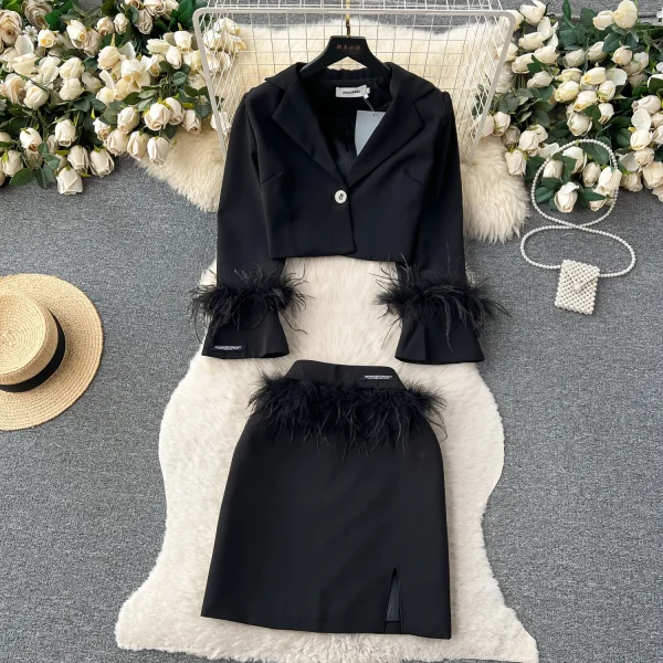 LE1818 Hepburn Style Ladies' Suit Set 2025 Autumn Feather Design Suit Jacket + Skirt Socialite Office Date Two-Piece Set - Image 2