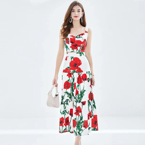 LE1383 Rose Print Stitching Chest Lift Suspender + Half Skirt Two-Piece Set Resort Style Boutique Women'S Wear With Chest Pad