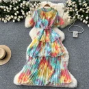 LE2637 Retro Metal Buckle Pleated Midi Dresses Woman Flared Short Sleeve Smudged Print Dress Autumn New Holiday Party Cake Dress