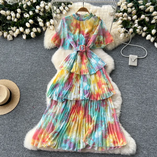 LE2637 Retro Metal Buckle Pleated Midi Dresses Woman Flared Short Sleeve Smudged Print Dress Autumn New Holiday Party Cake Dress - Image 4