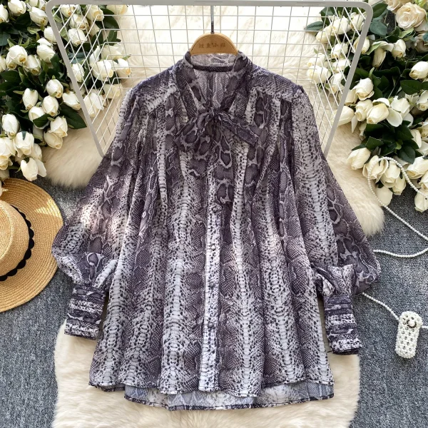 LW0752 Blouses Elegant Women Ladies Spring Day Shirt 2025 New Bow Tie With Lantern Sleeve Printed Shirt - Image 2