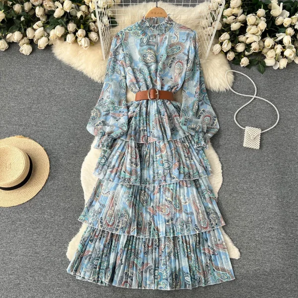 LE2582 2025 Pastoral Style Elasticity Stand Collar Floral Dress Long Sleeve Ruffled Print Cake Dress Women Boutique Midi Dresses - Image 3