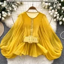 LW0824 Blouse Women Design Sense Round Neck Lantern Sleeve Cardigan Shirt Fashion Shirt Blouses Elegant Women