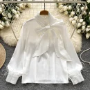 LW0825 Fine Beaded Bow Neckline Long Sleeve Blouse Lady Satin Top Lady Blouses Elegant Women Ladies