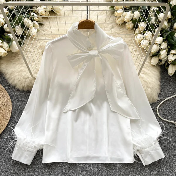 LW0825 Fine Beaded Bow Neckline Long Sleeve Blouse Lady Satin Top Lady Blouses Elegant Women Ladies - Image 2