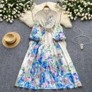 LE2631 Minority Court Style Large Size Printed Dresses Anding Collar Lantern Long Sleeve Evening Robe Elegant Party Maxi Dresses