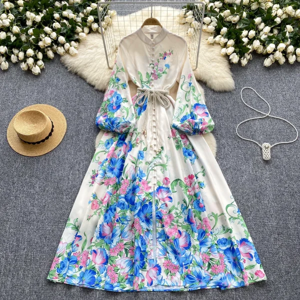 LE2631 Minority Court Style Large Size Printed Dresses Anding Collar Lantern Long Sleeve Evening Robe Elegant Party Maxi Dresses - Image 2
