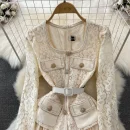 LE2606 Autumn Korean Lace Pleated Dresses Woman Temperament Long Sleeve Square Collar Pockets Embroidery Pleated Socialite Dress