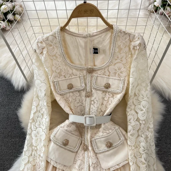 LE2606 Autumn Korean Lace Pleated Dresses Woman Temperament Long Sleeve Square Collar Pockets Embroidery Pleated Socialite Dress - Image 3
