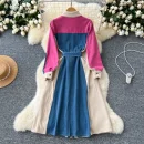 LE2667 Denim Patchwork Women'S Dress Niche Vintage Color Combination Long-Sleeved Single-Breasted Strap Shirt Office Woman Dress