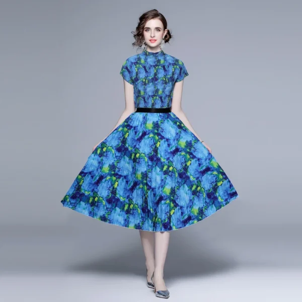 LE1242 in Stock High Quality Fabric Women'S Sets Printed Short Sleeve Pleated Shirt Printed Long Pleated Skirt 2 Piece Set - Image 2