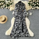 LE4783 Elegant Dress Women'S New French Three-Dimensional Flower Pleated Waist Fold Slit Print Skirt With Ruffled Edge