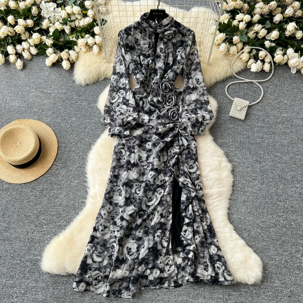 LE4783 Elegant Dress Women'S New French Three-Dimensional Flower Pleated Waist Fold Slit Print Skirt With Ruffled Edge - Image 2