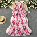 LE2608 Women'S Boutique Clothing Maxi Printed Dress Ethnic V-Neck Pleated Floral Chiffon Dresses Socialite Party Evening Dress