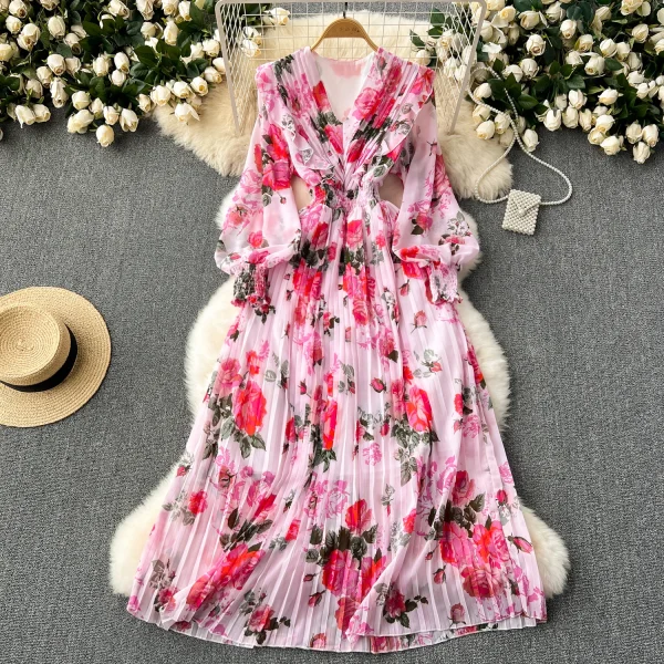 LE2608 Women'S Boutique Clothing Maxi Printed Dress Ethnic V-Neck Pleated Floral Chiffon Dresses Socialite Party Evening Dress
