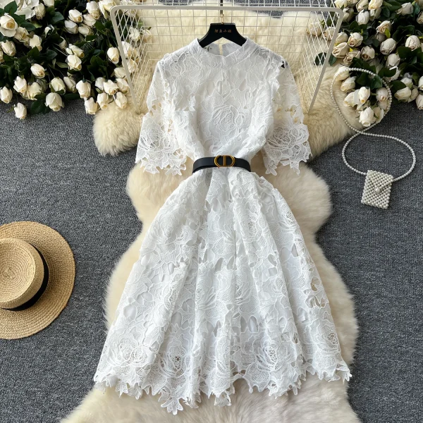 LE2616 Women'S Boutique Autumn Lace Floral Dress Lady Hollow Embroidery Midi Dresses Socialite Party Lace Dresses Women Elegant - Image 6