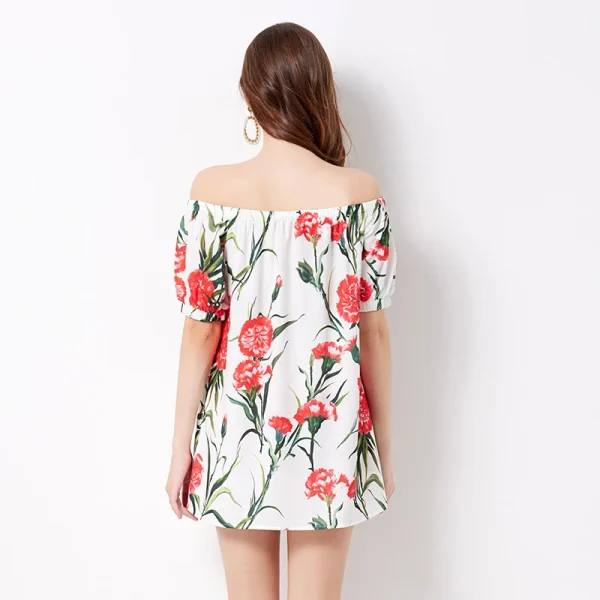 Carnation-Print Poplin Women'S Boutique Suit Square Neck One Shoulder Shorts Suit Bubble Short Sleeve Top Shorts Two Piece Set - Image 4