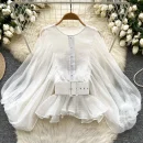 LW0824 Blouse Women Design Sense Round Neck Lantern Sleeve Cardigan Shirt Fashion Shirt Blouses Elegant Women