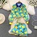 Fashion Suit Women Light Ripe Wind Retro Temperament Long-Sleeved Loose Printed Lace-Up Shirt Two-Piece Set High Waist Shorts