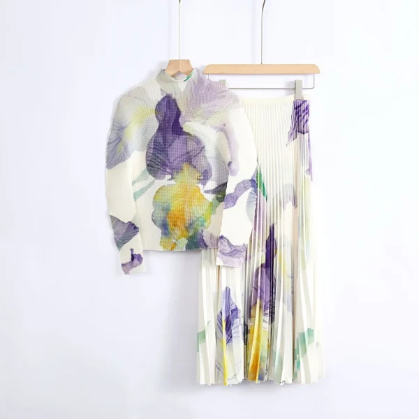 Fold Suit Print High Collar Fold Top + Pleated Skirt Casual Two Piece Set - Image 2