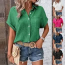 2025 Summer New Shirt Women's Casual Solid Color Wrinkled Fabric Bat Sleeve Button Batwing Sleeve Shirt