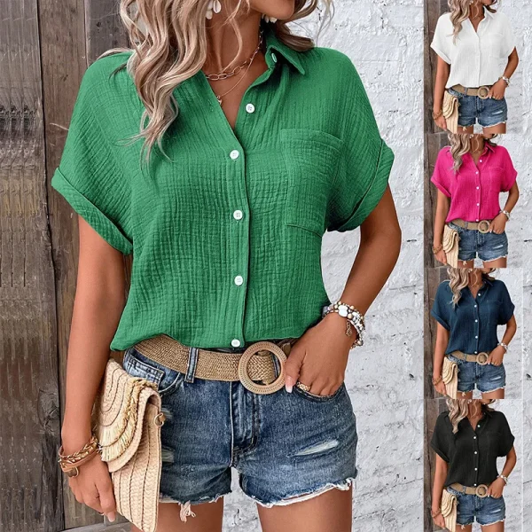 2025 Summer New Shirt Women's Casual Solid Color Wrinkled Fabric Bat Sleeve Button Batwing Sleeve Shirt