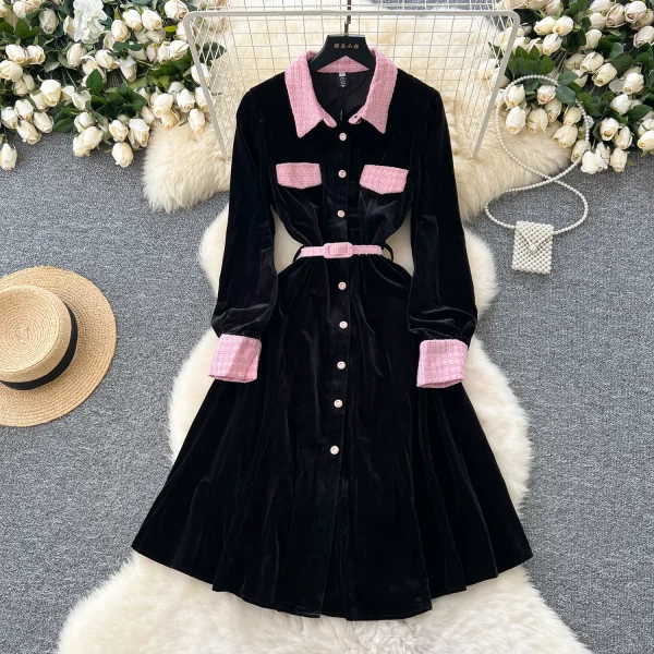 LE2764  Black Hepburn Dress for Women 2025 Fall Vintage Color Contrast Lapel Waist Waist Canary Over-The-Knee Dress