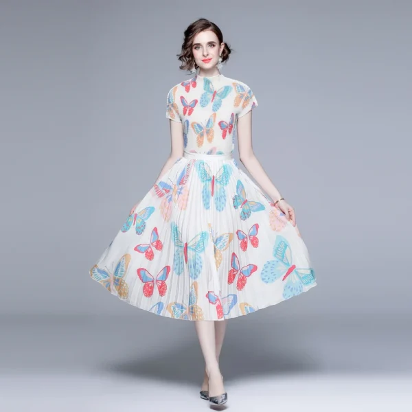 LE1238 in Stock New Pleated Print Evening Gown Dress Elegant Summer 2 Piece Set for Women Miyake Pleated Boutique Midi Skirt