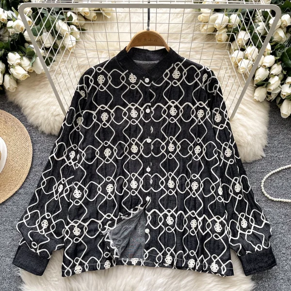 LW0650 Foreign Style Embroidery Single Breasted Shirt Woman Vintage Loose Base Long Sleeve Shirt Woman Blouses for Lady - Image 2