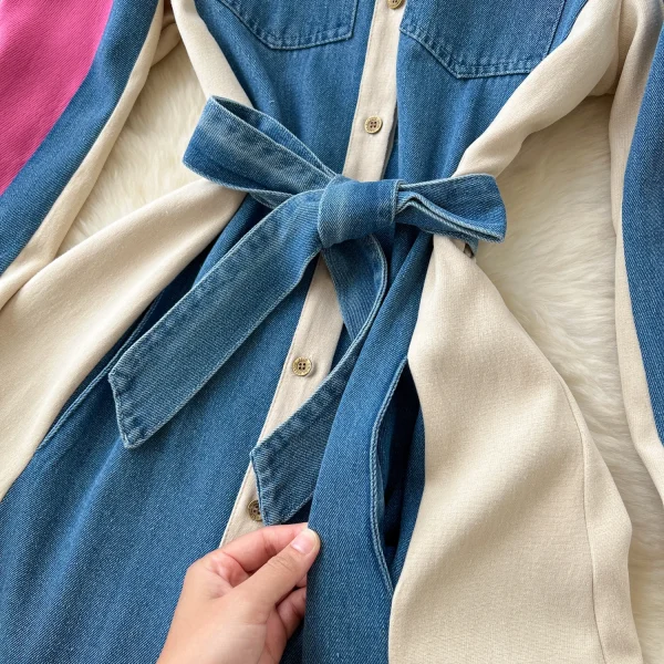 LE2667 Denim Patchwork Women'S Dress Niche Vintage Color Combination Long-Sleeved Single-Breasted Strap Shirt Office Woman Dress - Image 6
